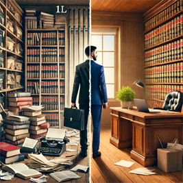 DALL·E 2025-01-20 14.11.43 - 1L Student Transition from Law School 1L law student transitioning from a chaotic library to an organized law firm office, symbolizing growth and professionalism.