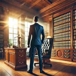 DALL·E 2025-01-20 14.35.12 - Articling Student Inspiration Articling student standing confidently in a traditional law firm office, symbolizing ambition and the journey to becoming a lawyer.