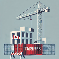 DALL·E 2025-03-24 16.03.29 - Minimalist Canada Tariff Construction Minimalist image showing a paused crane over an unfinished building, with a red container labeled "TARIFFS" blocking the site and a Canadian flag, symbolizing the impact of trade tariffs on construction in Canada.