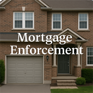 Mortgage Enforcement - Apr 1, 2025, 01_45_04 AM Front view of a well-maintained suburban brick home with “Mortgage Enforcement” text overlay, representing residential property subject to legal recovery action in Ontario.