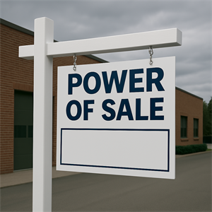 Power of Sale - Apr 1, 2025, 02_07_19 AM Commercial property under an overcast sky with a prominent “Power of Sale” sign in front, symbolizing lender-driven enforcement and asset recovery in Ontario.